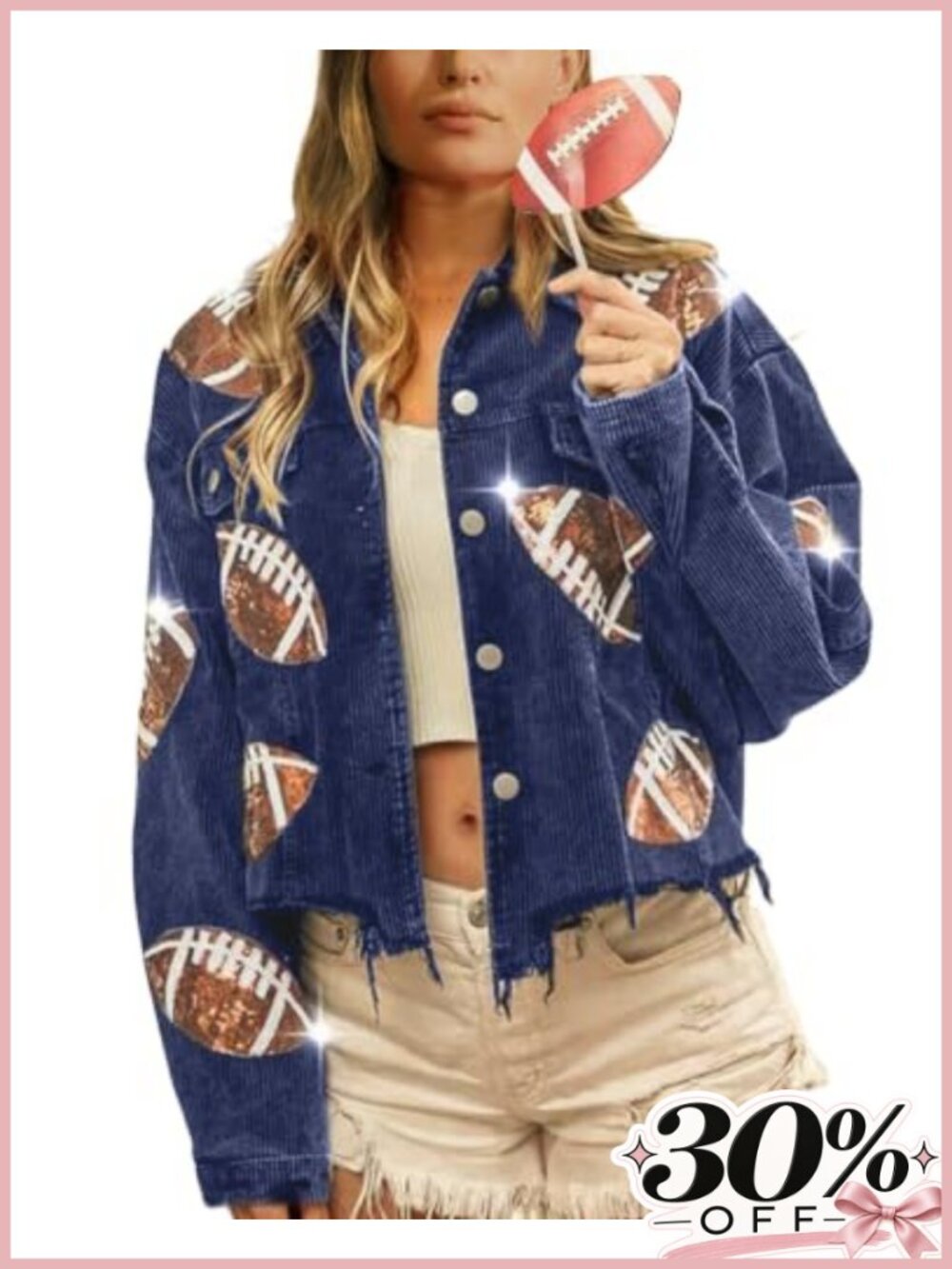 SeekMe Women Cropped Football Corduroy Sequin Rugby Patched Shacket